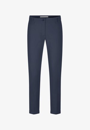 Navy blue tailored trousers with belt loops, front button closure, slanted side pockets, and cuffed hems.