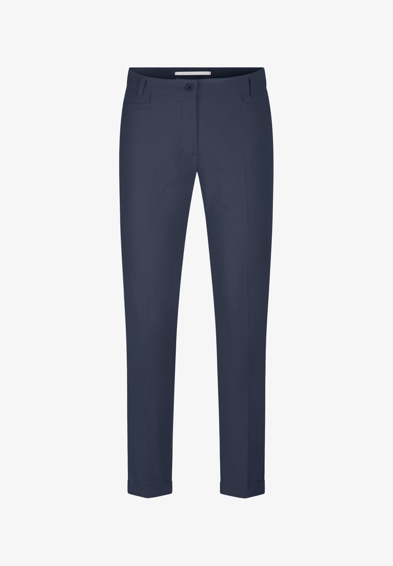 Navy blue tailored trousers with belt loops, front button closure, slanted side pockets, and cuffed hems.
