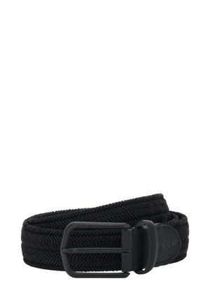 Cinturón elástico negro trenzado con hebilla metálica negra mate y acento de cuero. Presenta una superficie texturizada para estilo y ajustabilidad.