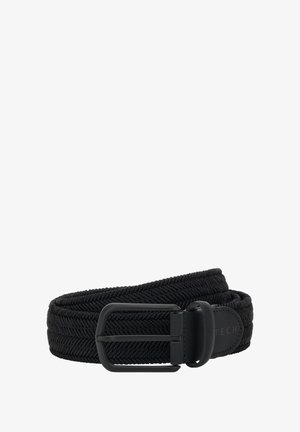 Vævet sort elastisk bælte med en mat sort metalspænde og læderdetalje. Funktioner en struktureret overflade for stil og justerbarhed.