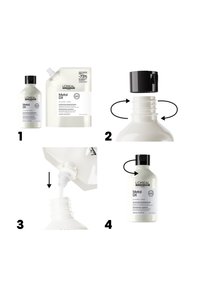 Instructions de remplissage étape par étape pour la bouteille de shampooing L'Oréal Metal DX avec images de la bouteille, du retrait du bouchon, du versement et du serrage du bouchon.
