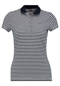 Pruhovaná polo košile v námořnické modři a b�ílé, krátké rukávy, s límečkem a pěti knoflíky, s malým logem na levé části hrudi. Hladký povrch.