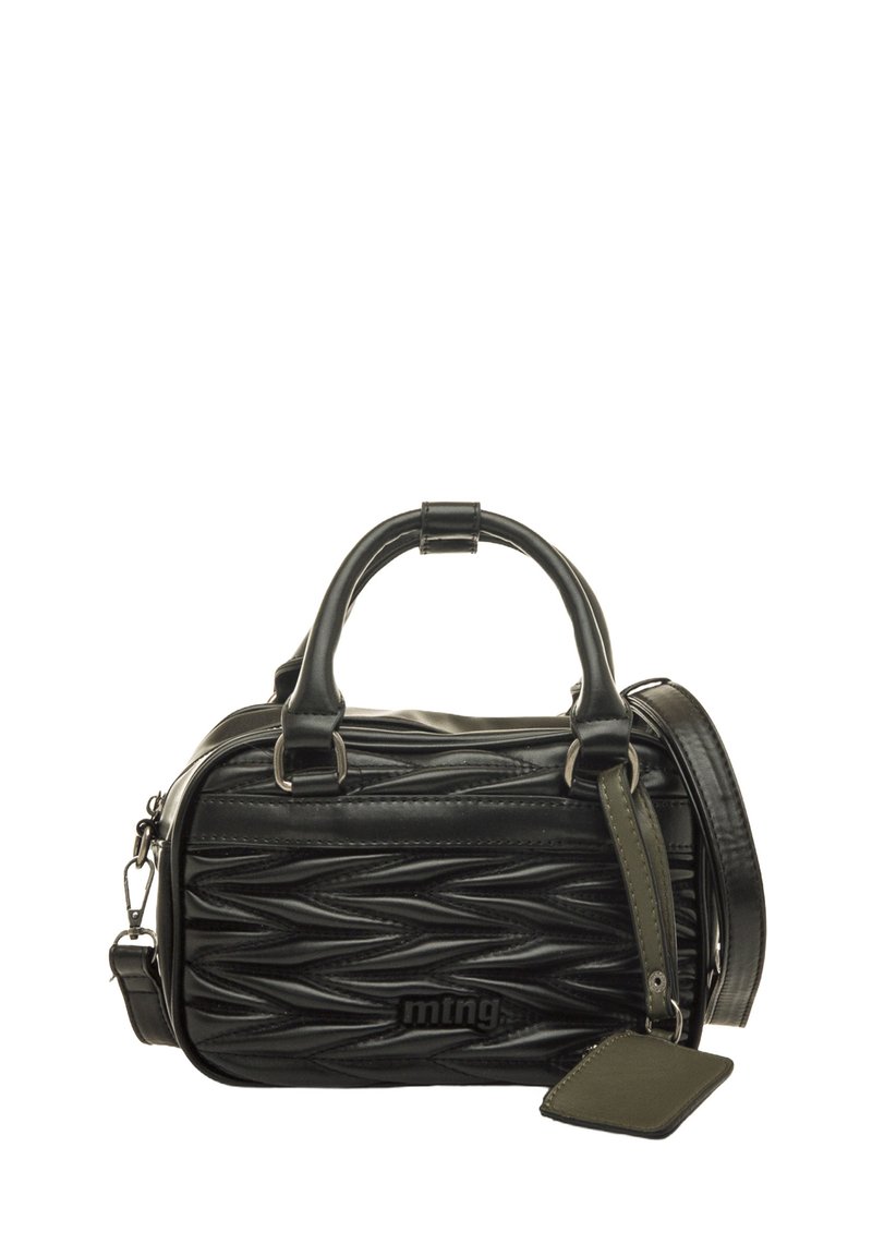 Borsa nera in materiale testurizzato, con un design ondulato, manici corti, tracolla regolabile e dettaglio del logo.