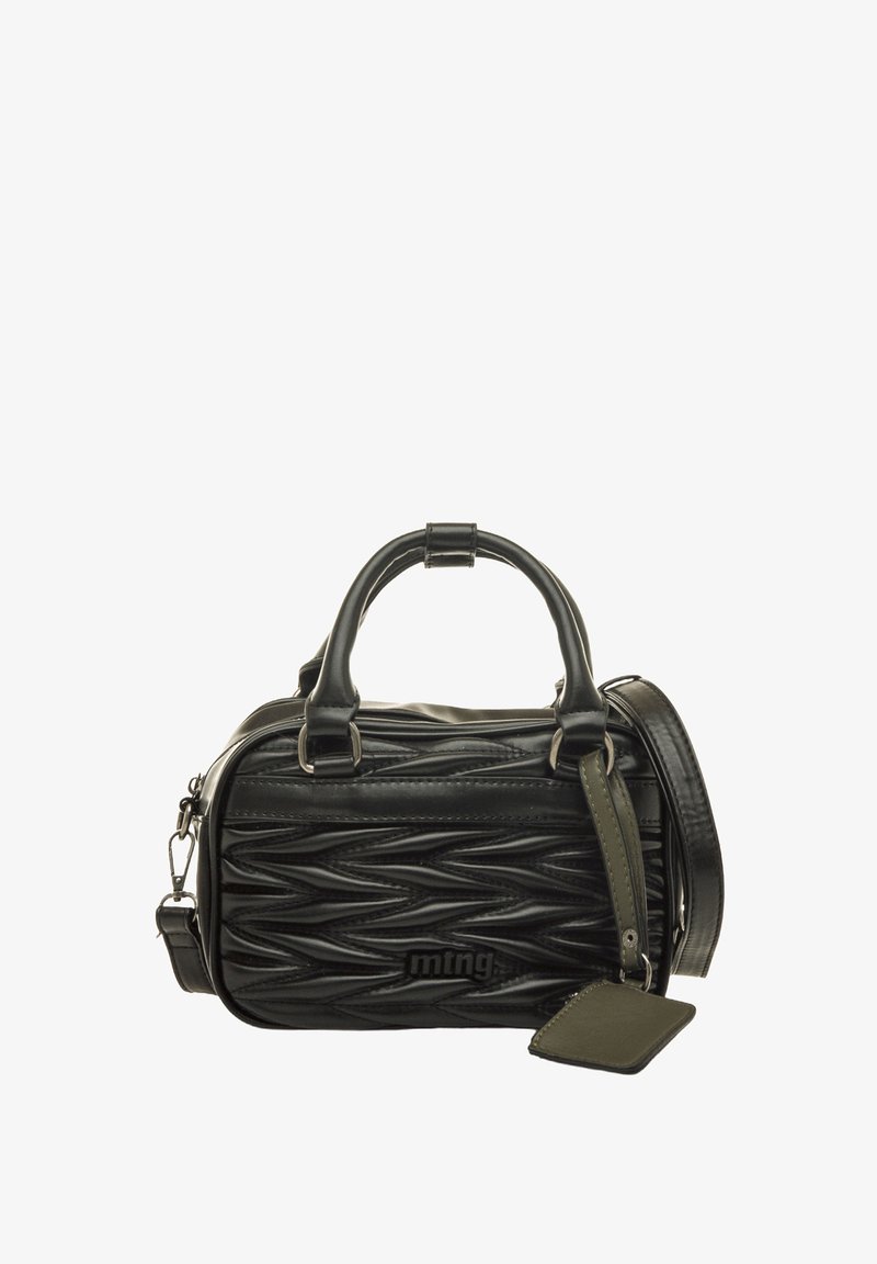 Borsa nera in materiale testurizzato, con un design ondulato, manici corti, tracolla regolabile e dettaglio del logo.