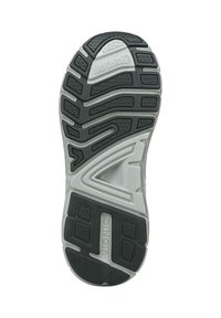 Zwarte rubberen zool met grijze accenten. Beschikt over gegroefde profielen voor grip, een ronde vorm en het reliëfmerk "VIONIC."