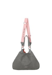 Borsa a spalla grigia in tessuto con grande apertura, tracolla rosa con la scritta "Hello Kitty" in corsivo, hardware argentato e dettagli arancioni.