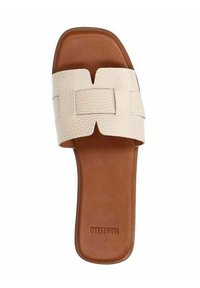 Slide sandal with a textured, off-white upper featuring a wide band and cut-out design; brown leather footbed with embossed logo.