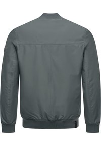 Grijze bomberjack, met een ribbelkraag en -manchetten, een gladde textuur en een elastische tailleband. Geen zichtbare hardware of patronen.