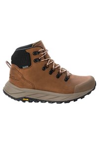 Brauner Wanderschuh mit einem Obermaterial aus Leder, schwarzen Akzenten und einer strukturierten Gummisohle. Verfügt über Metallösen und gemusterte Schnürsenkel.