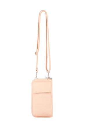 Borsa a tracolla per telefono in pelle pesca con una lunga tracolla, forma rettangolare, tasca frontale, chiusura con zip e texture liscia.