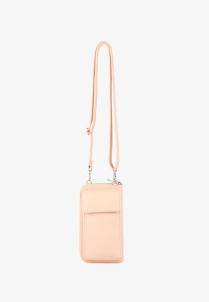 Abrikosfarvet læder crossbody telefon taske med lang rem, rektangulær form, frontlomme, lynlåslukning og glat tekstur.