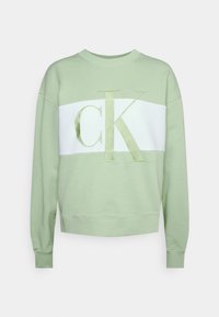 Sudadera verde clara con panel horizontal blanco que presenta un logotipo bordado de "CK". Material de algodón suave, cuello redondo y puños acanalados.
