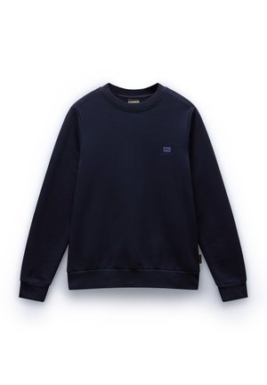 Granatowy sweatshirt wykonany z miękkiego materiału, z długimi rękawami, okrągłym dekoltem, ściągaczami przy mankietach i u dołu oraz małym logo na klatce piersiowej.