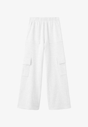 Pantalon cargo blanc à jambes larges en tissu doux, avec une ceinture élastique, deux poches avant et deux poches cargo latérales.