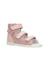 Rosa Leder-Sandale mit drei Klettverschlüssen, offenem Zehenbereich, strukturiertem Finish und einer dekorativen Schleife an der Ferse. Weiße Gummisohle.