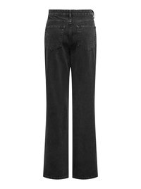 Svarte denimjeans med rett ben, høy midje, beltehemper og to baklommer, vist bakfra.