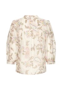 Blouse beige clair à manches longues avec épaules bouffantes et motif pastel paisley et floral.