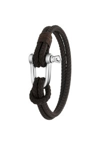 Bruin gevlochten touw armband met een zilveren metalen sluiting, knoopdetails en een gladde textuur.