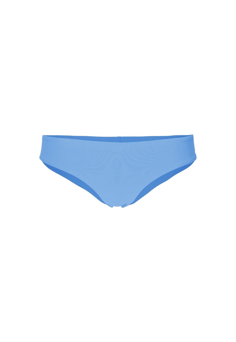 Bas de bikini bleu clair en tissu lisse et extensible. Présente un design simple et minimaliste avec une taille basse. Sans motifs ni embellissements.