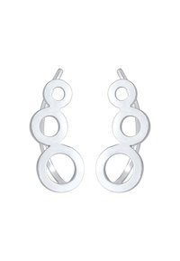 Pendientes de metal plateado con un diseño moderno, que presentan tres círculos entrelazados de diferentes tamaños, con un acabado pulido y una forma minimalista.