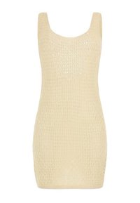 Abito mini in maglina beige chiaro con scollatura a girocollo e motivo testurizzato, caratterizzato da orli e maniche a coste per un tocco di dettaglio.