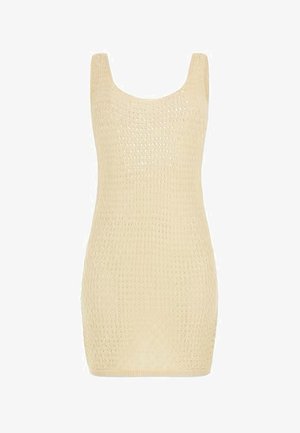 Abito mini in maglina beige chiaro con scollatura a girocollo e motivo testurizzato, caratterizzato da orli e maniche a coste per un tocco di dettaglio.