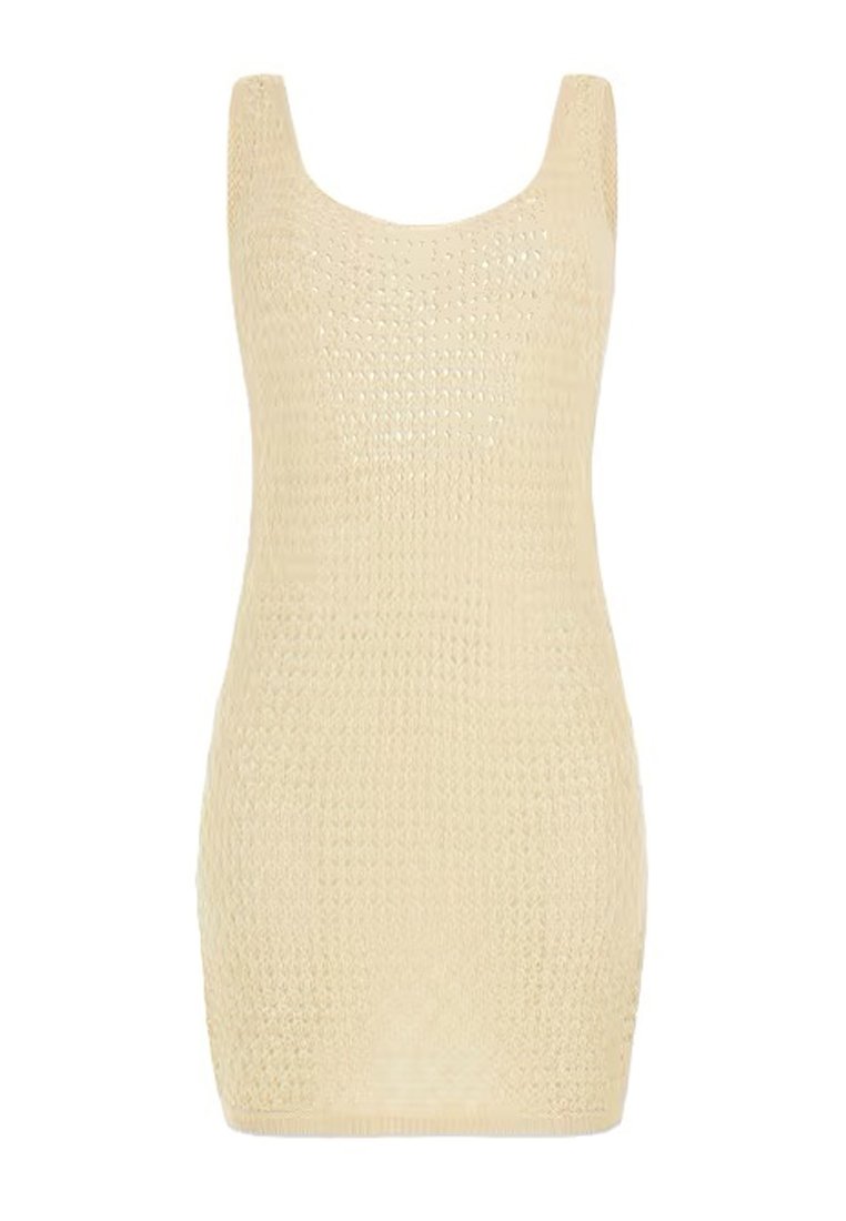 Abito mini in maglina beige chiaro con scollatura a girocollo e motivo testurizzato, caratterizzato da orli e maniche a coste per un tocco di dettaglio.