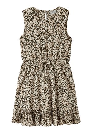 Vestido con estampado de leopardo hecho de tela ligera, diseño sin mangas, cintura elástica y bajo con volantes, con escote redondo y abertura en la espalda.