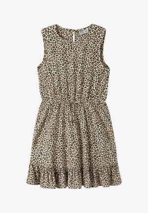 Leopard print dress made of lightweight fabric, sleeveless design, elastic waist, and ruffled hem, featuring a round neckline and back keyhole.