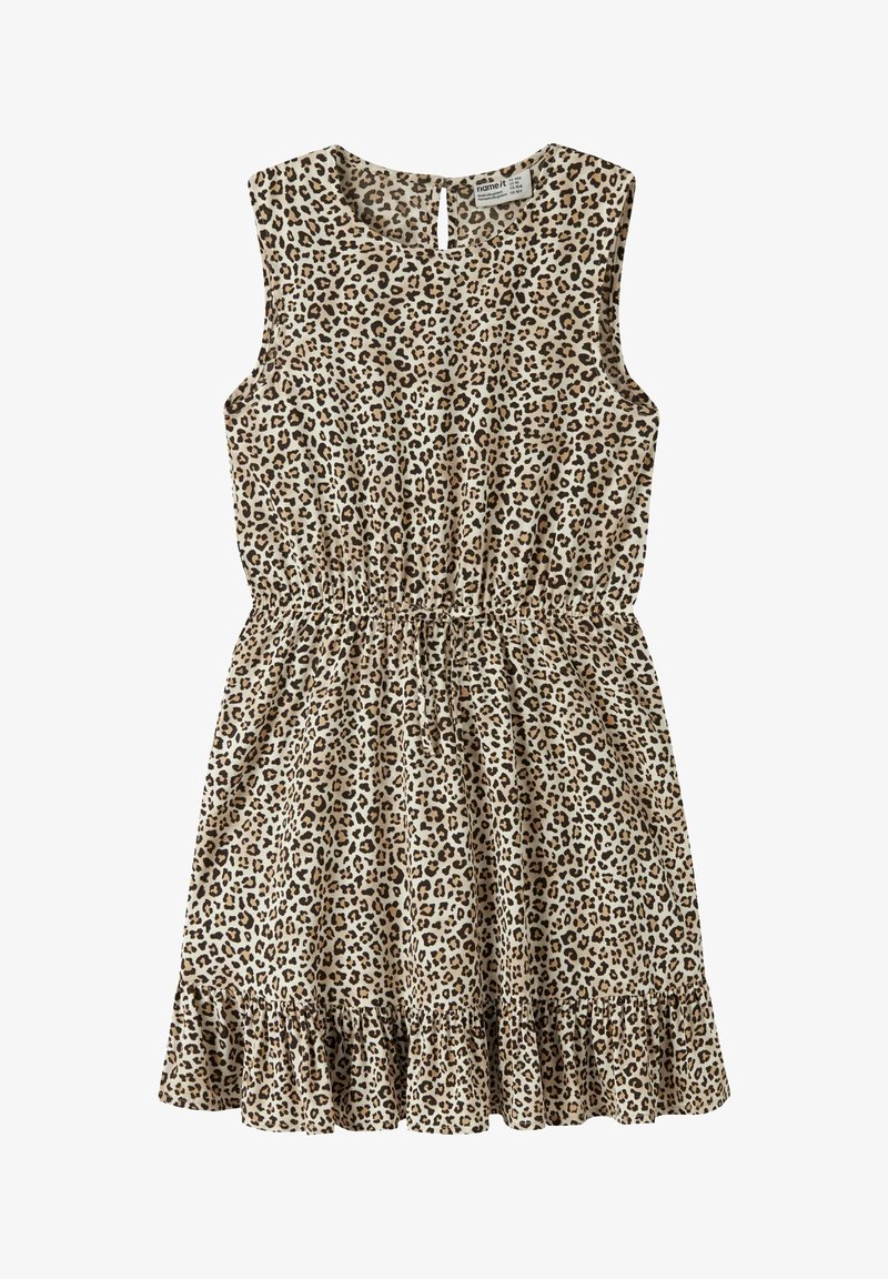 Robe à imprimé léopard en tissu léger, sans manches, taille élastique et ourlet à volants, avec un col rond et une ouverture dos en forme de goutte.