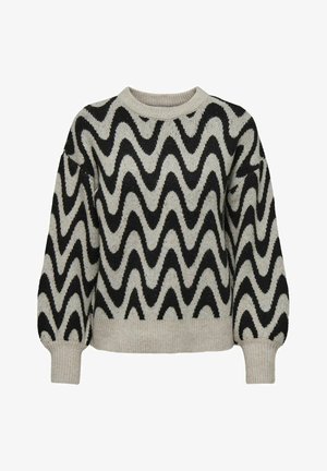 Crni i krem sweter s valovitim uzorkom od teksturirane pletene tkanine, s okruglim izrezom i rebrastim manžetama.