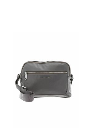 Sac bandoulière rectangulaire gris avec poche avant zippée et sangle ajustable, fabriqué en matière synthétique lisse.