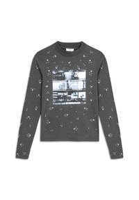 Grijze lange mouwen sweatshirt met een fotografische print in zwart-wit, versierd met verspreide witte stippen over de stof.
