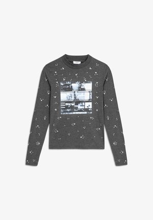 Grauer langärmliger Sweatshirt mit einem fotorealistischen Druck in Schwarz-Weiß, verziert mit verstreuten weißen Punkten auf dem gesamten Stoff.