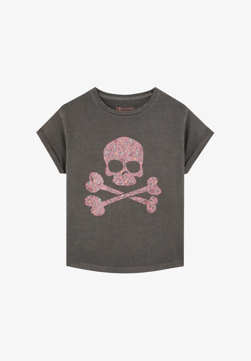 T-shirt gris à manches courtes avec un graphique de skull et os croisés fleuri rose au centre. Tissu en coton doux et décontracté avec un ourlet arrondi.