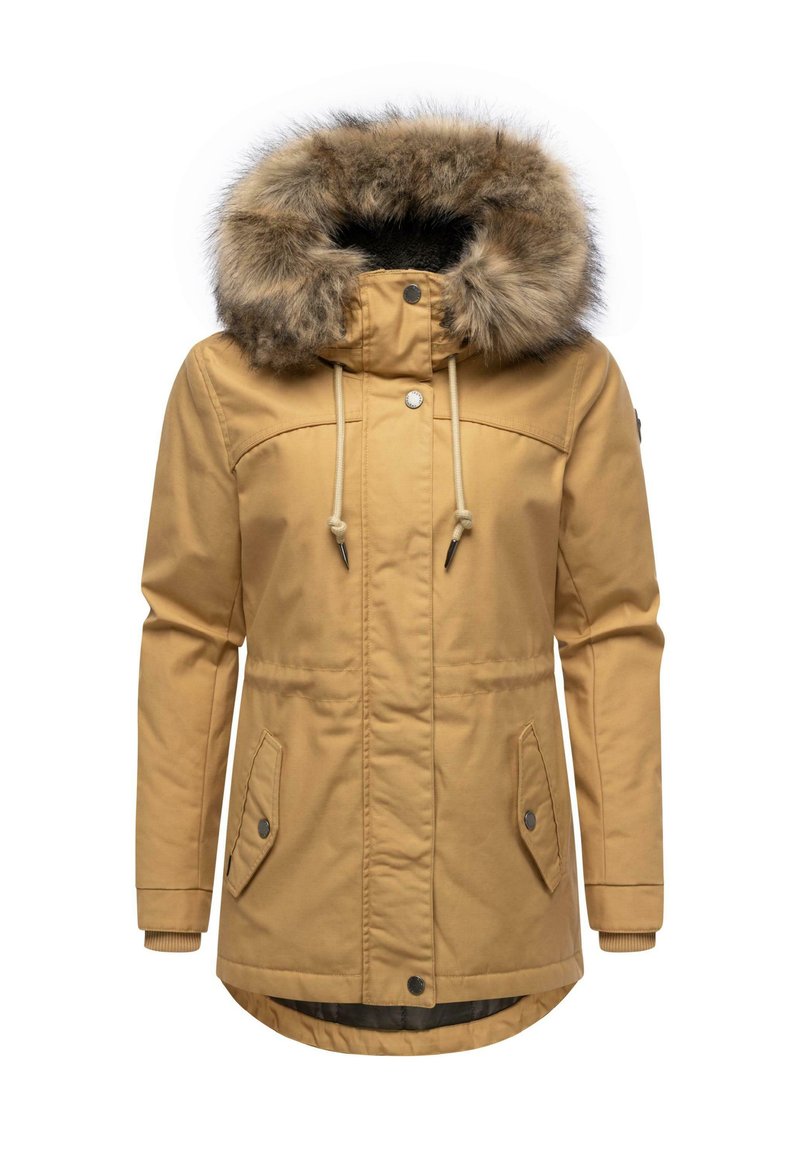Giacca parka gialla con cappuccio foderato in faux fur, due tasche frontali, coulisse regolabile e polsini a costine. Tessuto dalla texture liscia.