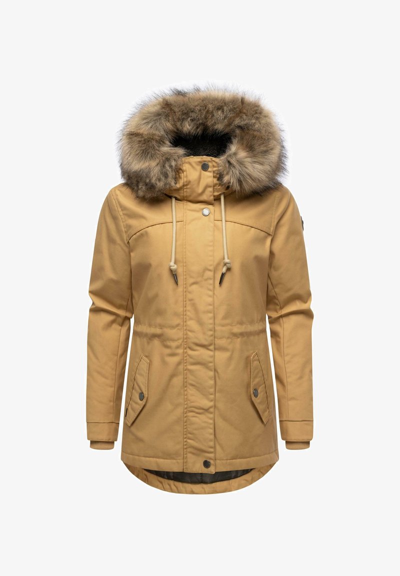 Giacca parka gialla con cappuccio foderato in faux fur, due tasche frontali, coulisse regolabile e polsini a costine. Tessuto dalla texture liscia.
