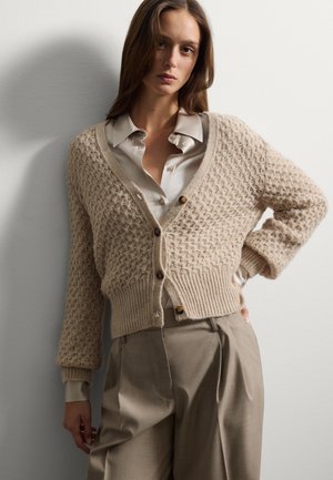 Cardigan beige testurizzato con scollo a V e chiusure a bottoni marroni, abbinato a una camicia chiara con bottoni e pantaloni beige larghi.