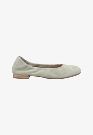 Light green suede ballet flat with a rounded toe, minimal stitching, and a low wooden heel. Soft texture and simple design.