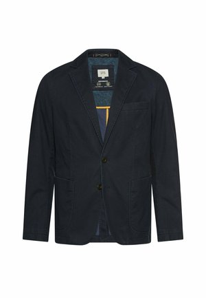 Dunkler navyblauer Herrenblazer mit Kantenrevers, zwei Frontknöpfen, aufgesetzten Taschen und einem innenliegenden Performance-Futter.