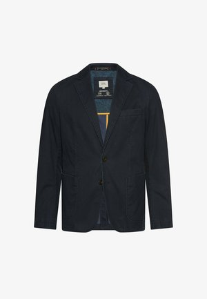 Mørkeblå herreblazer med notchede revers, to forreste knapper, påsyede lommer og en indvendig performance-foring.