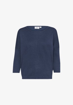 Marineblauwe gebreide trui met een brede halslijn, driekwart mouwen, ribbeltextuur en een relaxte pasvorm. Etiket zegt "Saint."