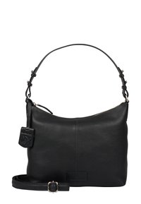 Borsa a tracolla in pelle nera con texture liscia, chiusura con zip, tracolla regolabile e dettaglio con etichetta attaccata. Presenta una silhouette arrotondata.