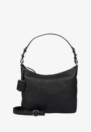 Sort læder håndtaske med en glat overflade, lynlåslukning, justerbar rem og en vedhæftet mærkedesign. Har en rund silhuet.