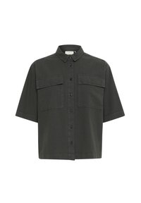 Mørkegrøn kortærmet skjorte med knaplukning, to brystlommer og spids krave. Fremstillet af et letvægtsstof.