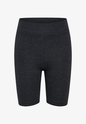 Dunkelgraue knielange Shorts aus einem dehnbaren, gestrickten Stoff mit einem breiten, elastischen Bund und einer glatten Textur.