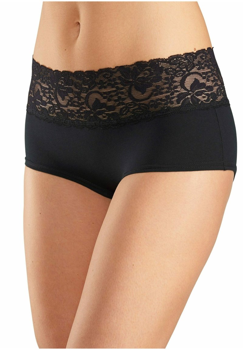 Black boyshorts with a floral lace waistband. The material appears soft and stretchy, while the lace trim features scalloped edges.