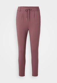 Mauve stretchbyxor med dragsko i midjan, snäv passform och framveck; mjuk textur och elastiska mudd vid anklarna.