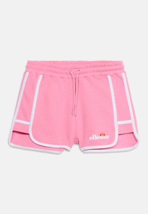 Shorts de sport roses avec bordure blanche, taille élastique, cordon de serrage et petit logo ellesse sur la jambe avant gauche.