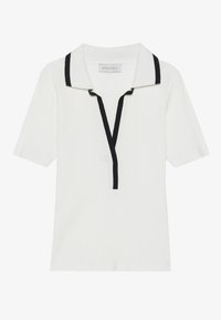 White ribbed polo shirt with short sleeves, black collar and placket accents, featuring a v-neck opening. Label visible inside the collar.